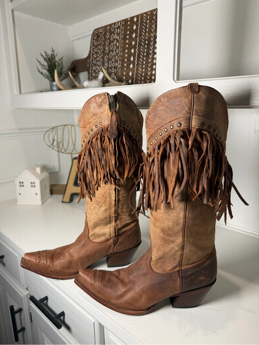 Dan Post Womens 7.5 Brown Leather Fringe Cowboy Boots Studded Western